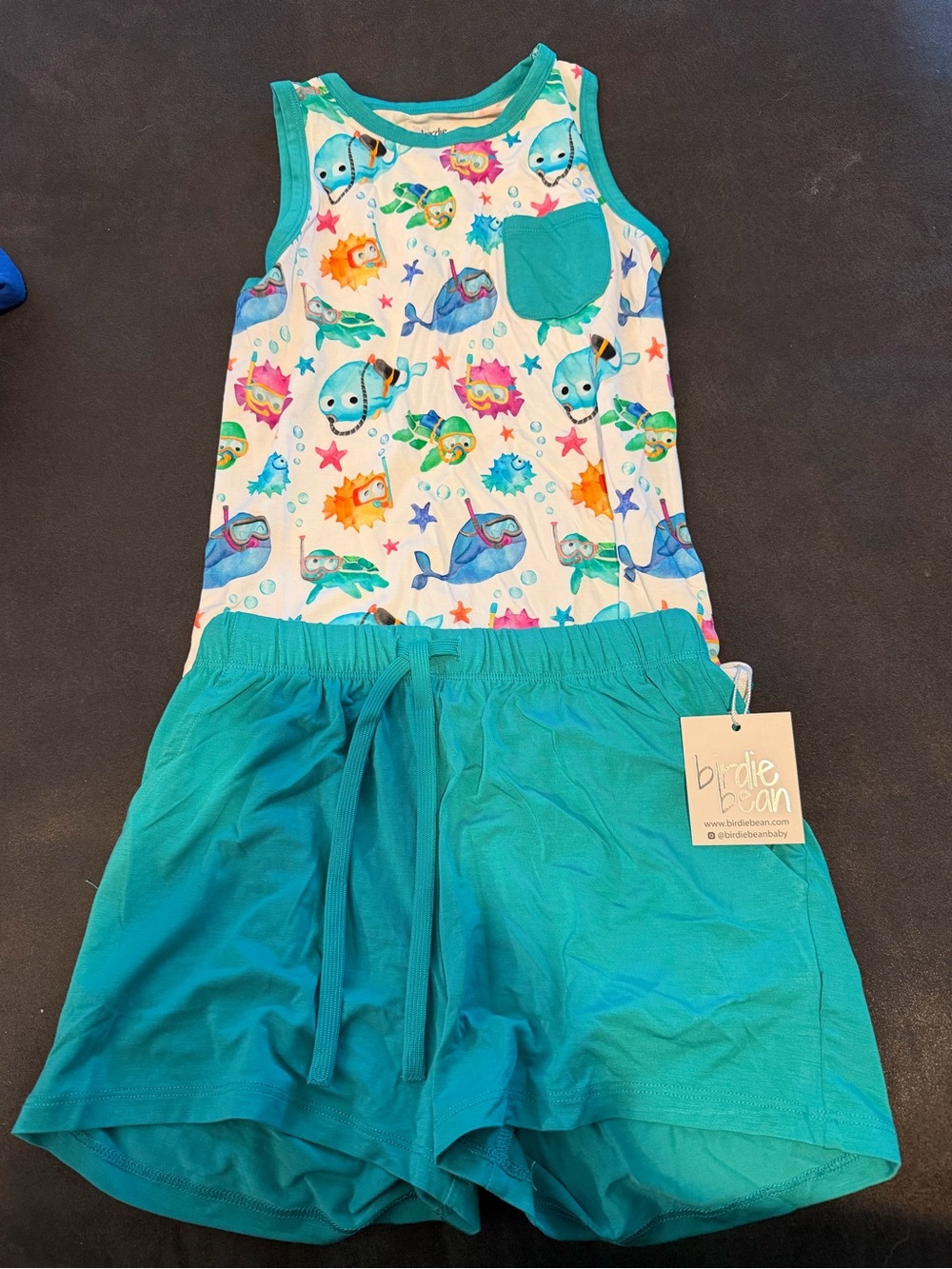 Birdie Bean Teal Tank & Shorts Set with Turtle Print Size 6-7
